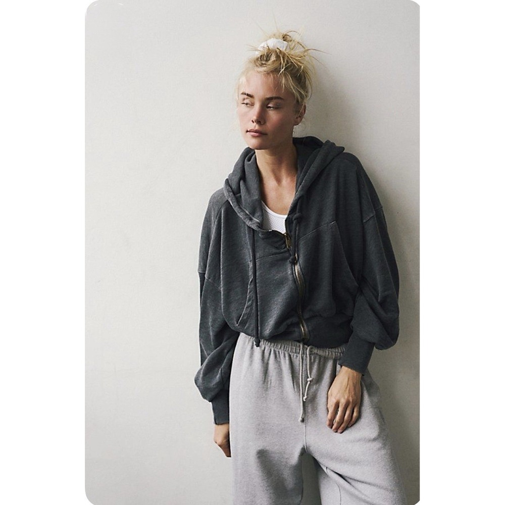 Free People Movement Low Key Cropped Zip Up  Hoodie Grey XS Slouchy Casual Gym
